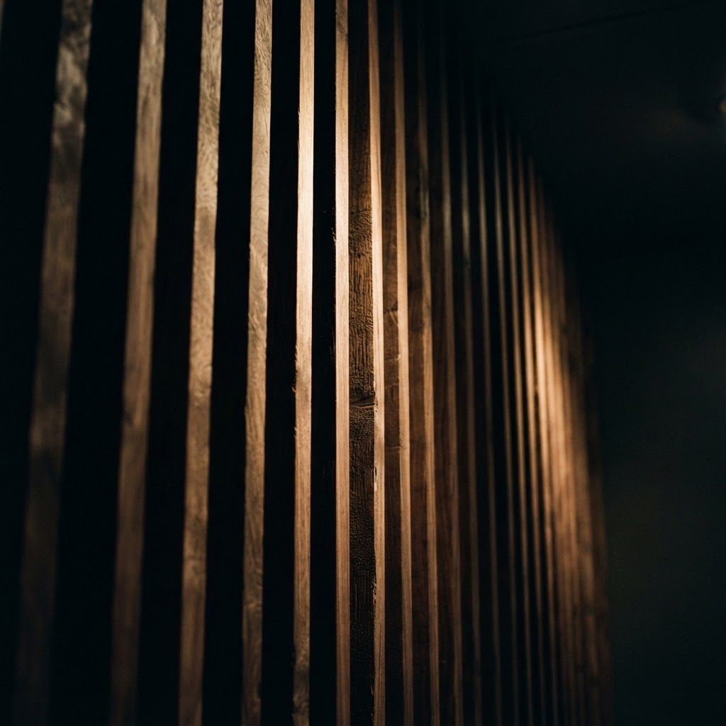 Dramatic angled view along deep wood panel ribs showing shadow and depth