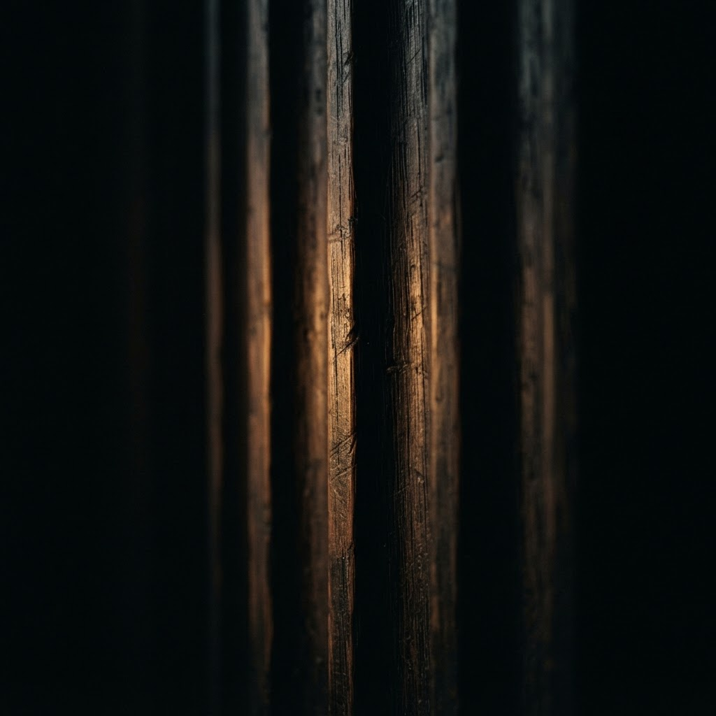 Dark macro view of fluted oak grain catching a thin edge of warm light