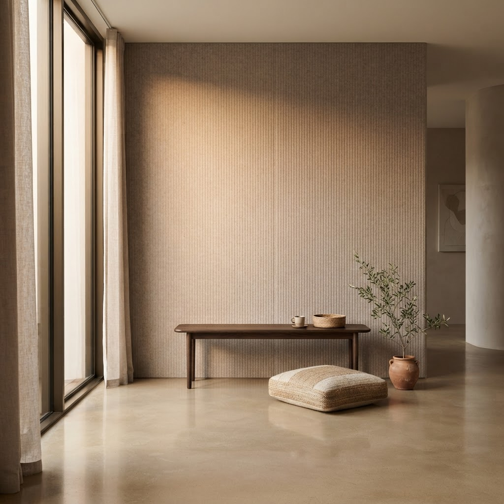 Quiet room lined with a warm taupe acoustic felt wall panel beside a slender wood bench