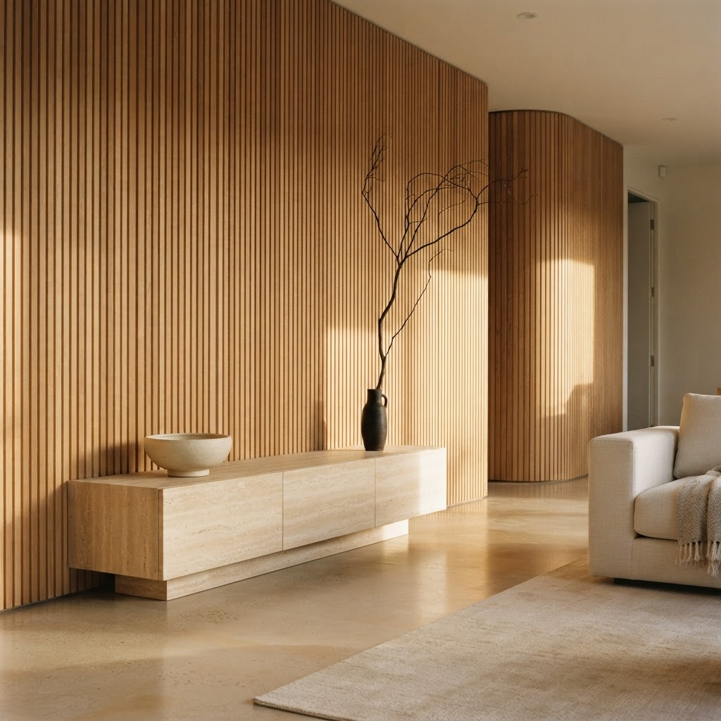 Serene living space wrapped in a fine linear oak reeded wall raked by late-afternoon sun