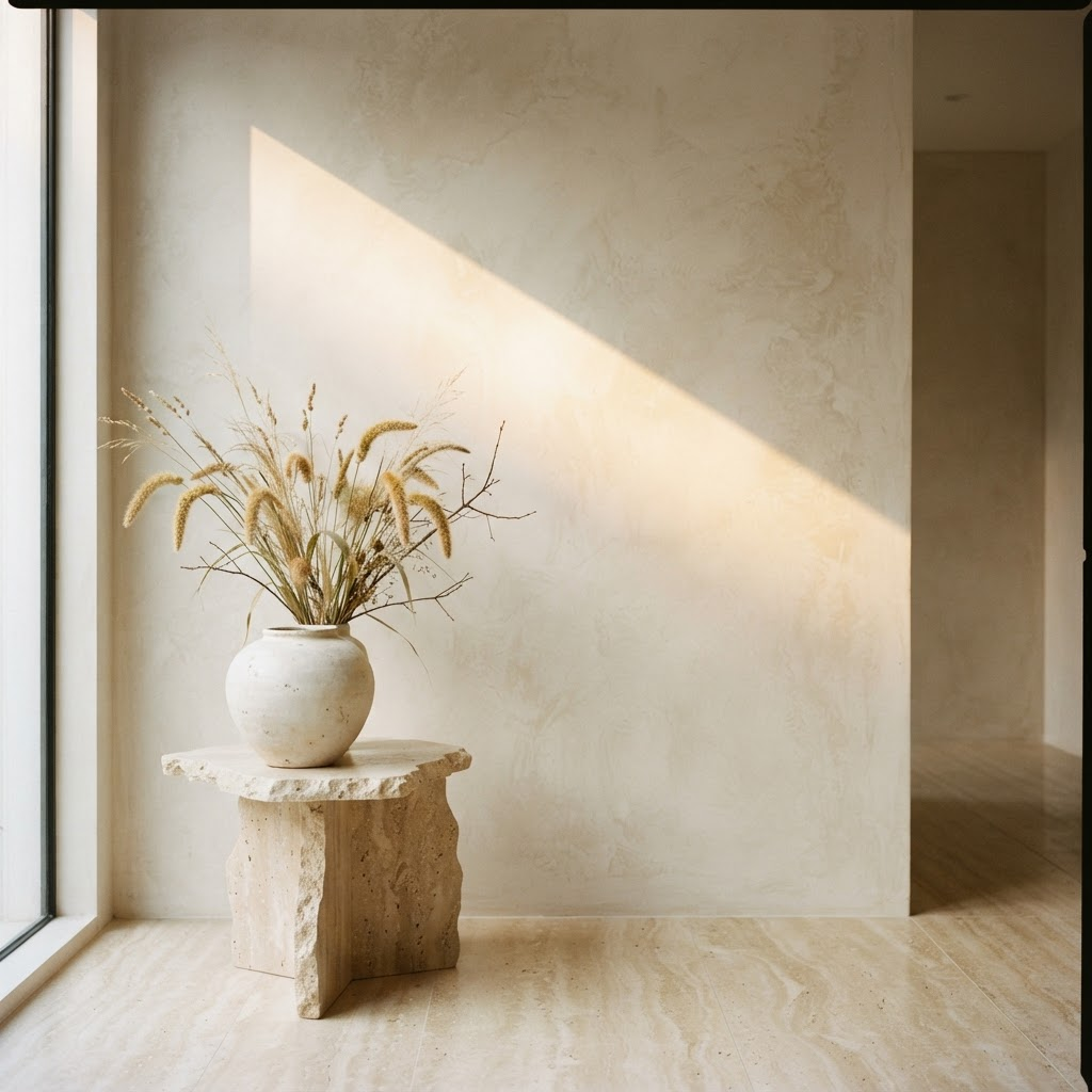 Chalky mineral limewash wall in warm off-white glowing under golden directional sunlight