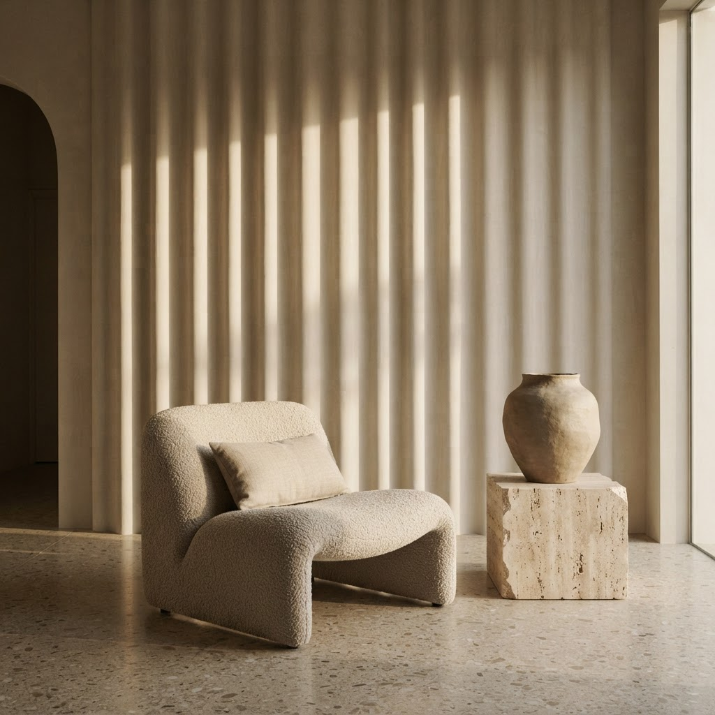 Sculpted plaster wall with deep vertical relief casting soft shadows behind a bouclé lounge chair