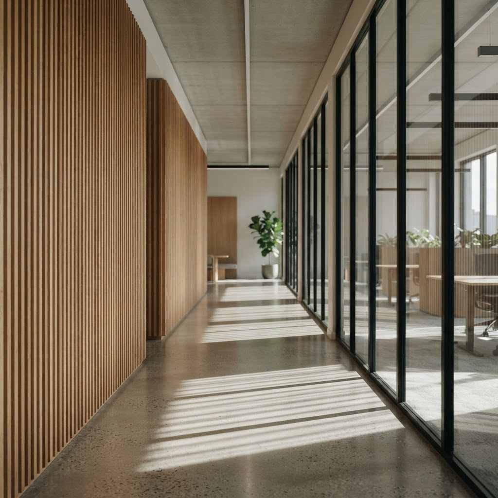 The Long Corridor — concept space featuring Linear — Natural Oak